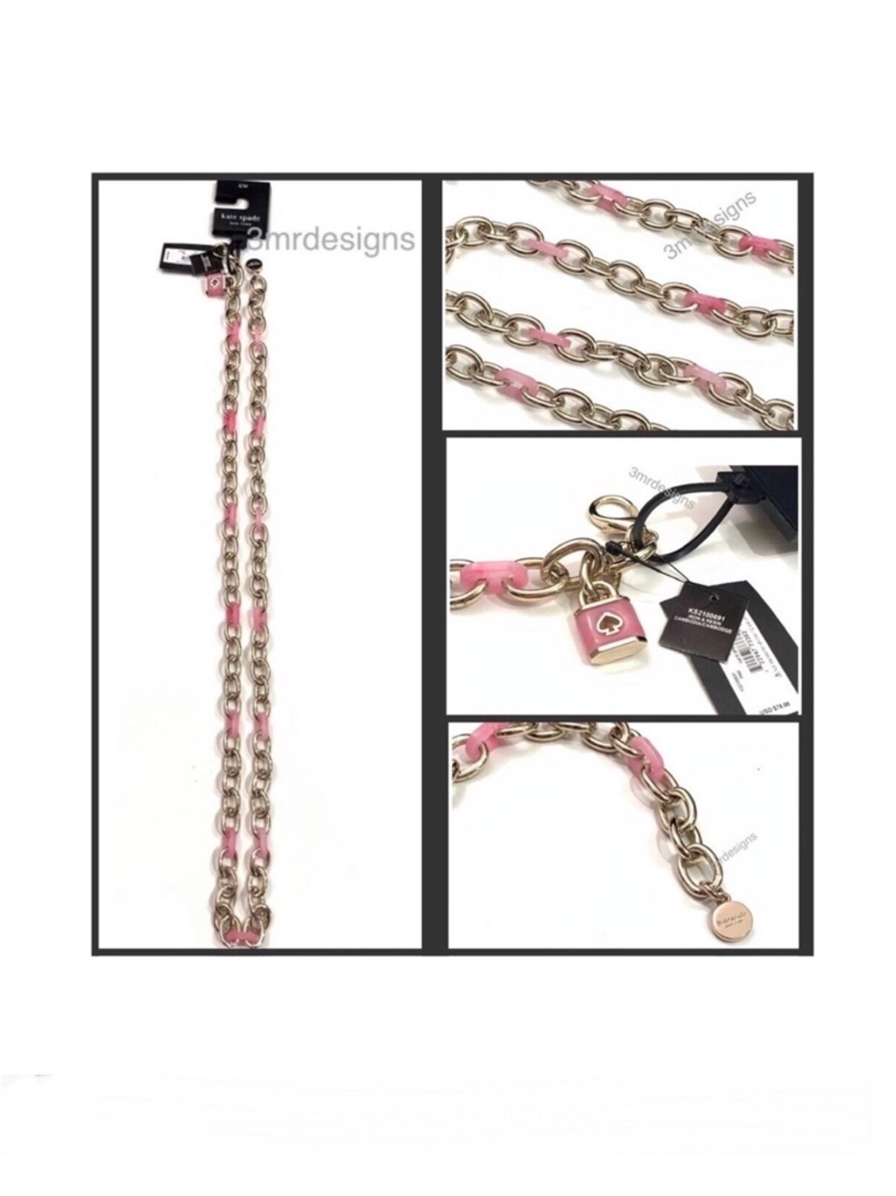 NWT Kate Spade ♠️ Gold Tone SPADE LOCK Iron & Marbled Pink Resin Chain Belt